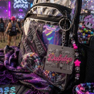 Dubstep Bass Babe Square Keychain | Electronic Music Logo, DJ Accessory