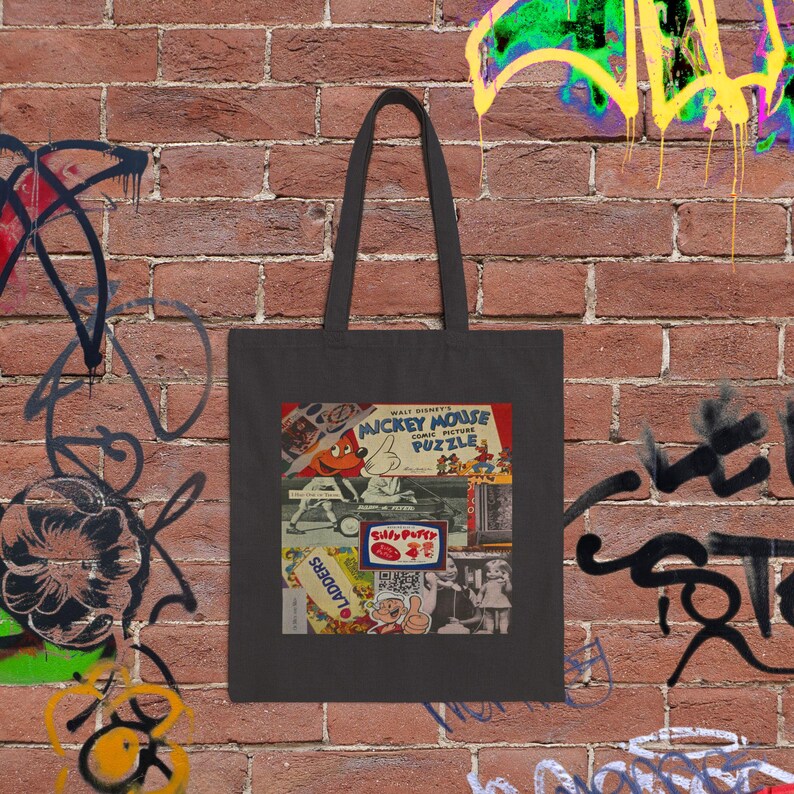 Vintage Collage Tote Bag | Retro Cartoon Print, Mickey Mouse Puzzle Canvas Bag image 3