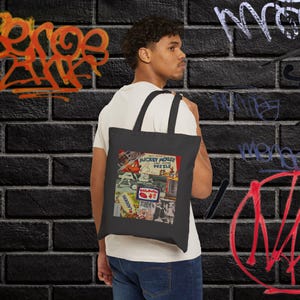 Vintage Collage Tote Bag | Retro Cartoon Print, Mickey Mouse Puzzle Canvas Bag image 1