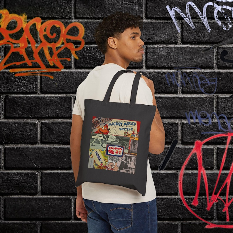 Vintage Collage Tote Bag | Retro Cartoon Print, Mickey Mouse Puzzle Canvas Bag image 1