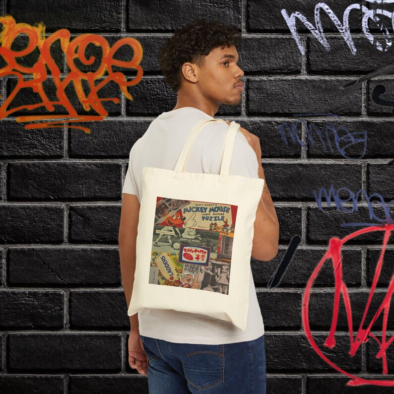 Vintage Collage Tote Bag | Retro Cartoon Print, Mickey Mouse Puzzle Canvas Bag image 6