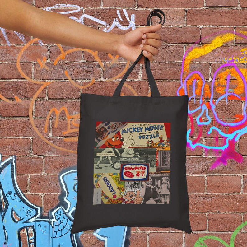 Vintage Collage Tote Bag | Retro Cartoon Print, Mickey Mouse Puzzle Canvas Bag image 12