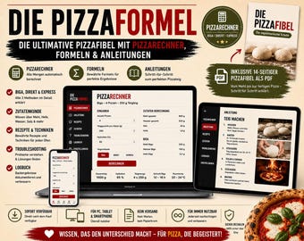 Pizzateig Rechner und Anleitung · Online-App + Pizzafibel PDF · Biga, Direkt, Express · Inkl. Rezepte & Logbuch · Die Pizzaformel