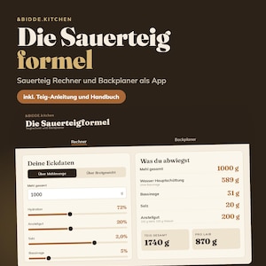 Op de afbeelding: Een digitale interface voor een zuurdesemcalculator en bakplanner-app genaamd Die Sauerteigformel. Het scherm toont invoervelden voor meelgewicht, hydratatie en ingrediëntenpercentages, naast berekende resultaten voor het totale deeggewicht in gram.
