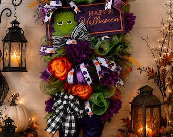 Large Halloween Frankenstein Witch Legs Door Swag | Whimsical Purple Orange Decor