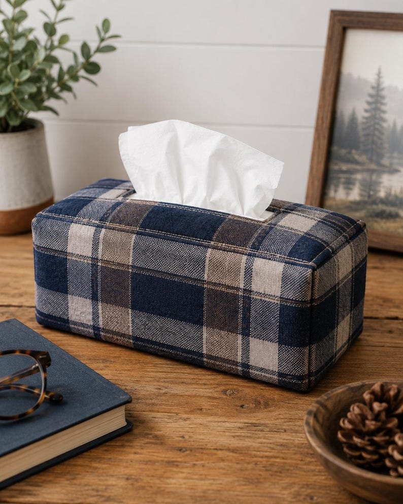 May include: A rectangular tissue box cover featuring a woven fabric pattern in navy blue, tan, and dark brown plaid. The cover is designed to fit over a standard rectangular tissue box, with a white tissue protruding from the top opening.