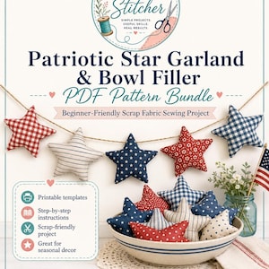 Peut inclure: Un ensemble de patrons PDF pour une guirlande d'étoiles patriotiques et un remplissage de bol. L'image montre des étoiles en tissu aux motifs rouges, blancs et bleus, en guirlande et dans un bol. Le texte indique "The Practical Stitcher".