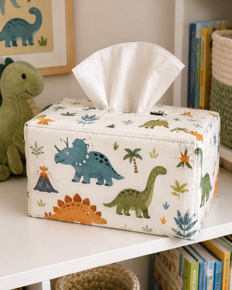 May include: A rectangular fabric tissue box cover featuring a repeating pattern of various dinosaurs, palm trees, and volcanoes in shades of blue, green, and orange on an off-white background, with a single white tissue pulled through the top slot.