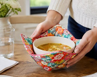 Quilted Bowl Cozy Sewing Pattern, Beginner Reversible Soup Holder Template (PDF Download)