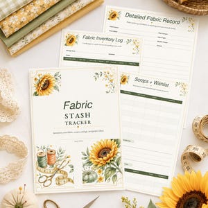 May include: A set of printed Fabric Stash Tracker pages featuring sunflower illustrations, including a Detailed Fabric Record, Fabric Inventory Log, and Scraps + Wishlist. The pages are decorated with floral motifs, sewing tools, and sunflower graphics.