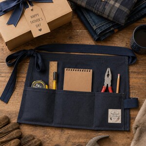 Op de afbeelding: Een marineblauw canvas schort voor om het middel met drie voorzakken met daarin een meetlint van 5 meter, een houten liniaal, een bruin notitieboek, een metalen tang en een potlood. Een label op de zak leest The Practical Stitcher. Het schort heeft lange strikbanden.