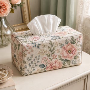 May include: A rectangular tissue box cover featuring a cream-colored fabric base with a printed pattern of pink peonies, green leaves, and small blue floral sprigs. The cover has a top opening with a white tissue protruding from the center.