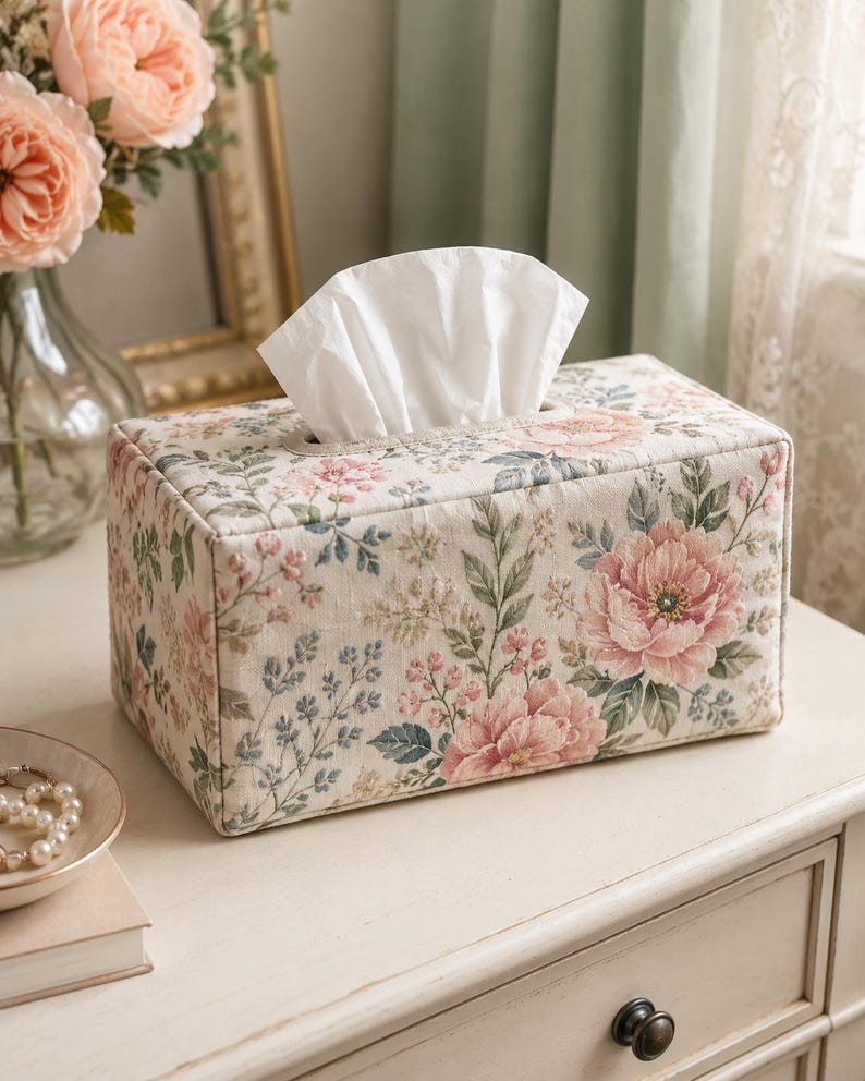 May include: A rectangular tissue box cover featuring a cream-colored fabric base with a printed pattern of pink peonies, green leaves, and small blue floral sprigs. The cover has a top opening with a white tissue protruding from the center.