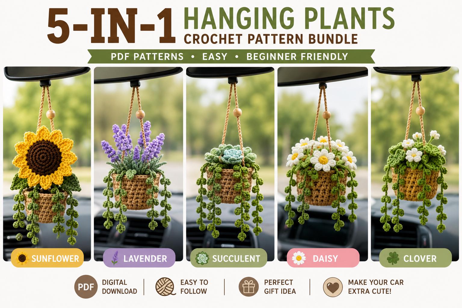 30 Plant Crochet Patterns to Brighten Home Decor and Gift Giving 21 5-in-1 Car Mirror Plant Crochet Pattern Bundle