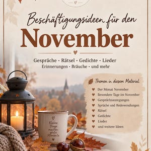 Könnte beinhalten: Ein Plakat mit dem Titel Beschäftigungsideen für den November, das eine brennende Laterne, eine Tasse mit der Aufschrift Kleine Dinge machen große Momente und Kastanien zeigt. Der Hintergrund zeigt eine Herbstlandschaft mit Blättern und Themen.