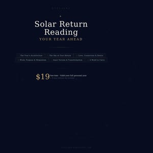 May include: Dark blue graphic with white text that reads "Solar Return Reading" and "Your Year Ahead." Additional text includes "The Year's Architecture," "The Sky at Your Return," and "Love, Connection & Desire."