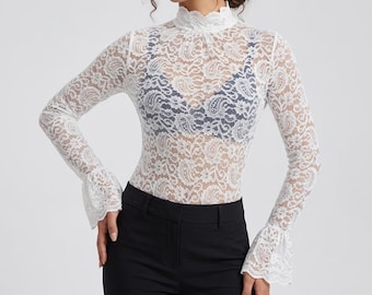 Blusa de encaje transparente para mujer / Camisa de crochet floral / Top de fiesta gótico elegante y ajustado