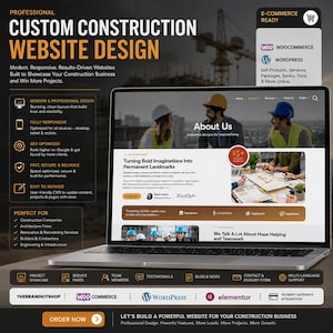 May include: A laptop displaying a custom construction website design featuring the text Professional Custom Construction Website Design, About Us, and Turning Bold Imaginations Into Permanent Landmarks, with icons for WooCommerce and WordPress.