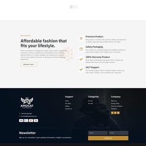 May include: A website landing page for Amocat Clothing Co. featuring the headline Affordable fashion that fits your lifestyle, a list of service benefits, a footer with company links, contact information, payment icons, and a newsletter signup form.