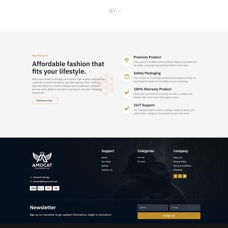 May include: A website landing page for Amocat Clothing Co. featuring the headline Affordable fashion that fits your lifestyle, a list of service benefits, a footer with company links, contact information, payment icons, and a newsletter signup form.
