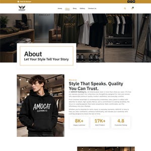 May include: A website interface for AMOCAT Clothing Co. featuring a navigation bar, an About page header, and a section displaying a person wearing a black hooded sweatshirt with the text AMOCAT CLOTHING CO. printed in white on the chest.