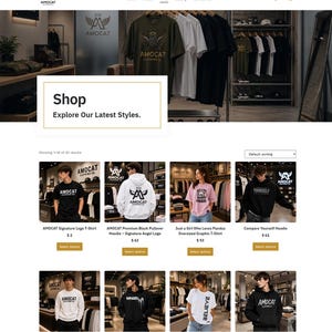 May include: A website interface for AMOCAT Clothing Co. displaying a collection of apparel including t-shirts and hoodies with various graphic prints and logos. The page features a shop header, product thumbnails with prices, and navigation menus.