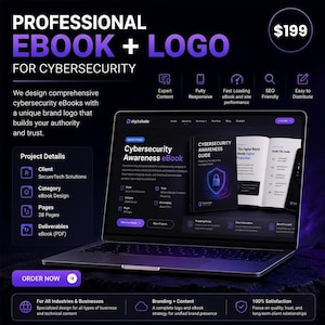 Könnte beinhalten: Ein Laptop-Bildschirm zeigt einen professionellen Service für Cybersecurity-E-Books und Logo-Design. Die Benutzeroberfläche enthält Projektdetails für SecureTech Solutions, einschließlich eines 28-seitigen E-Books mit Schild-Symbol.