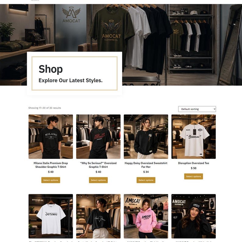 May include: A webpage display featuring a clothing store interface with a header showing an olive green t-shirt with a logo, followed by a grid of product listings including various t-shirts, sweatshirts, and hoodies with graphic prints and text.