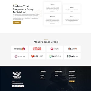 May include: A website landing page for Amocat Clothing Co. featuring sections titled Fashion That Empowers Every Individual, Most Popular Brand with logos for Velocity 9, Utosia, Solaytic, LightAI, Kanba, Fox Hub, Earth 2.0, and CodeLab, and a dark footer.