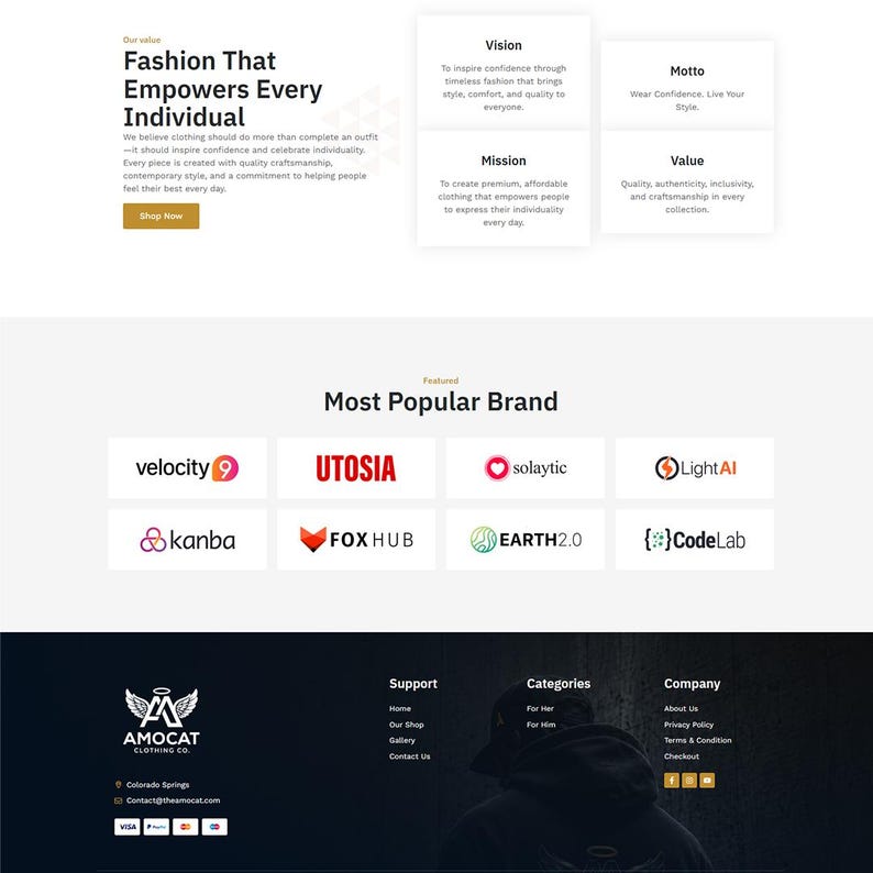 May include: A website landing page for Amocat Clothing Co. featuring sections titled Fashion That Empowers Every Individual, Most Popular Brand with logos for Velocity 9, Utosia, Solaytic, LightAI, Kanba, Fox Hub, Earth 2.0, and CodeLab, and a dark footer.
