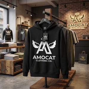 May include: A black hooded sweatshirt featuring a white graphic of a stylized letter A with wings and a halo above it, accompanied by the text AMOCAT CLOTHING CO. The hoodie includes a matching black hang tag with the same logo design.