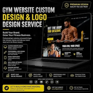 Pode incluir: Um computador portátil exibindo um anúncio de serviço de design de sites para academias. A tela mostra texto incluindo Gym Website Custom Design & Logo Design Service, Get The Body You Deserve e Your Gym, Your Space.