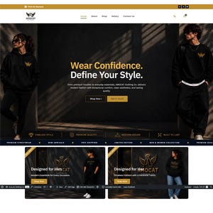 May include: A website interface for Amocat Clothing Co. featuring a hero section with text "Wear Confidence. Define Your Style." and two individuals wearing black hoodies with a gold winged logo. Below are sections labeled "Designed for Him" and "Designed for Her."