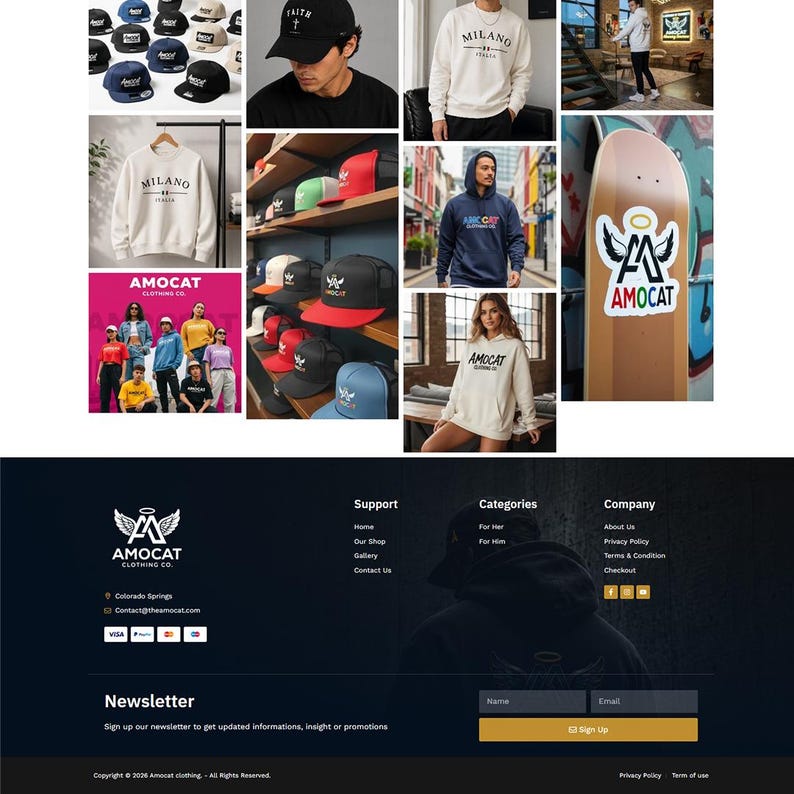 May include: A website landing page for Amocat Clothing Co. featuring a collection of baseball caps, sweatshirts, and hoodies with brand logos. The layout includes product photography, a skateboard deck with a logo, and a footer with navigation links.