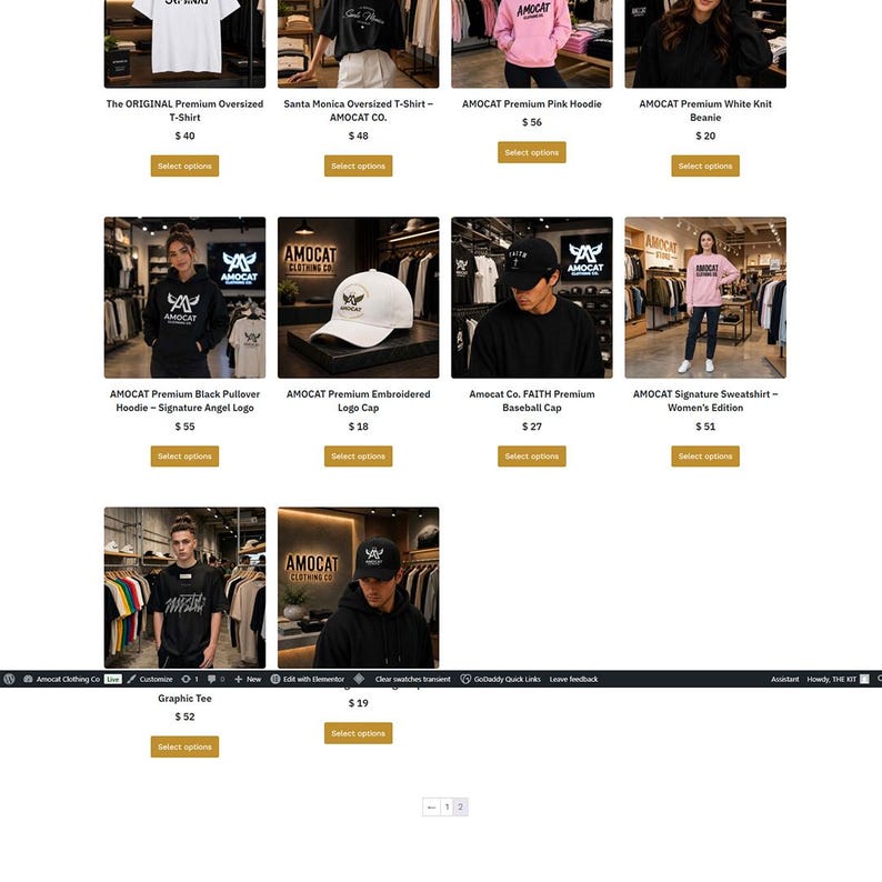 May include: A collection of apparel and accessories from the AMOCAT clothing brand, including t-shirts, hoodies, sweatshirts, beanies, and baseball caps, displayed in a grid layout with product names and prices listed below each item.
