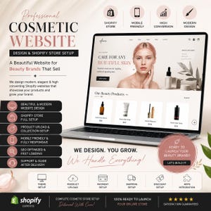 Könnte beinhalten: Ein Laptop, der auf seinem Bildschirm das Design einer professionellen Kosmetik-Website anzeigt. Die Benutzeroberfläche enthält ein Hauptbild einer Person, Produktlisten für Hautpflegeartikel und Textüberschriften. Die Grafik enthält Details.