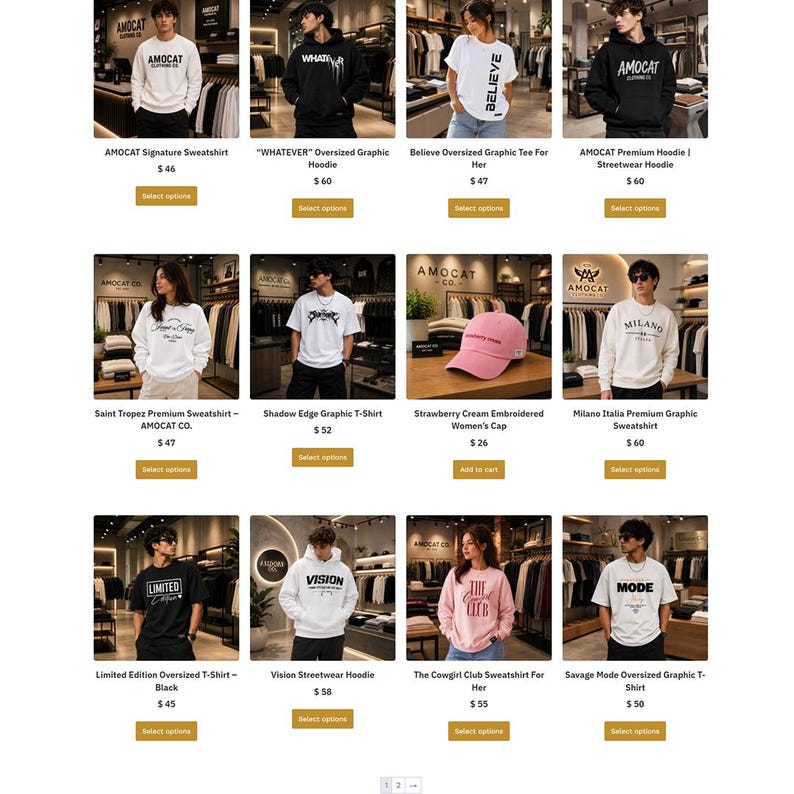 May include: A collection of twelve product listings for apparel including sweatshirts, hoodies, t-shirts, and a cap. Each item features graphic text such as AMOCAT, WHATEVER, BELIEVE, Saint Tropez, Shadow Edge, Milano, Limited Edition, VISION, and MODE.