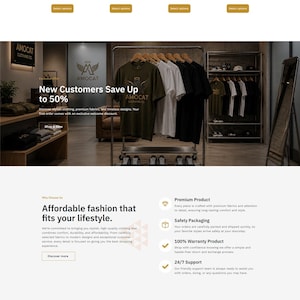 May include: A website interface for Amocat Clothing featuring a clothing rack with t-shirts in olive green, white, and black. The page displays promotional text about a 50% discount, product categories, and company service information.