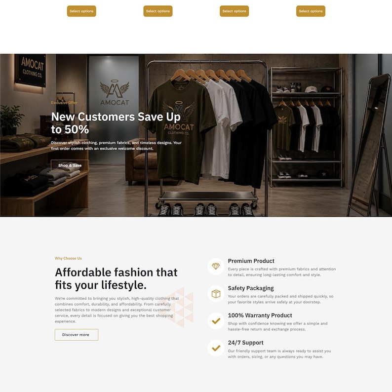 May include: A website interface for Amocat Clothing featuring a clothing rack with t-shirts in olive green, white, and black. The page displays promotional text about a 50% discount, product categories, and company service information.