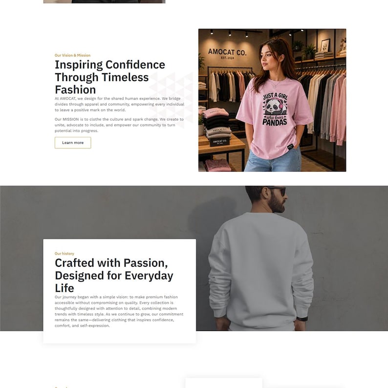 May include: A light pink t-shirt featuring a graphic of a panda wearing headphones with the text JUST A GIRL WHO LOVES PANDAS and a plain light gray long-sleeve sweatshirt worn from the back, both displayed in a retail clothing store setting.