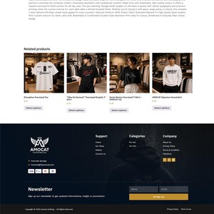 May include: A webpage display featuring four clothing items: a white t-shirt with black text, a black t-shirt with red text, a black t-shirt with white text, and a white long-sleeve sweatshirt with black text, all branded with AMOCAT CLOTHING CO.