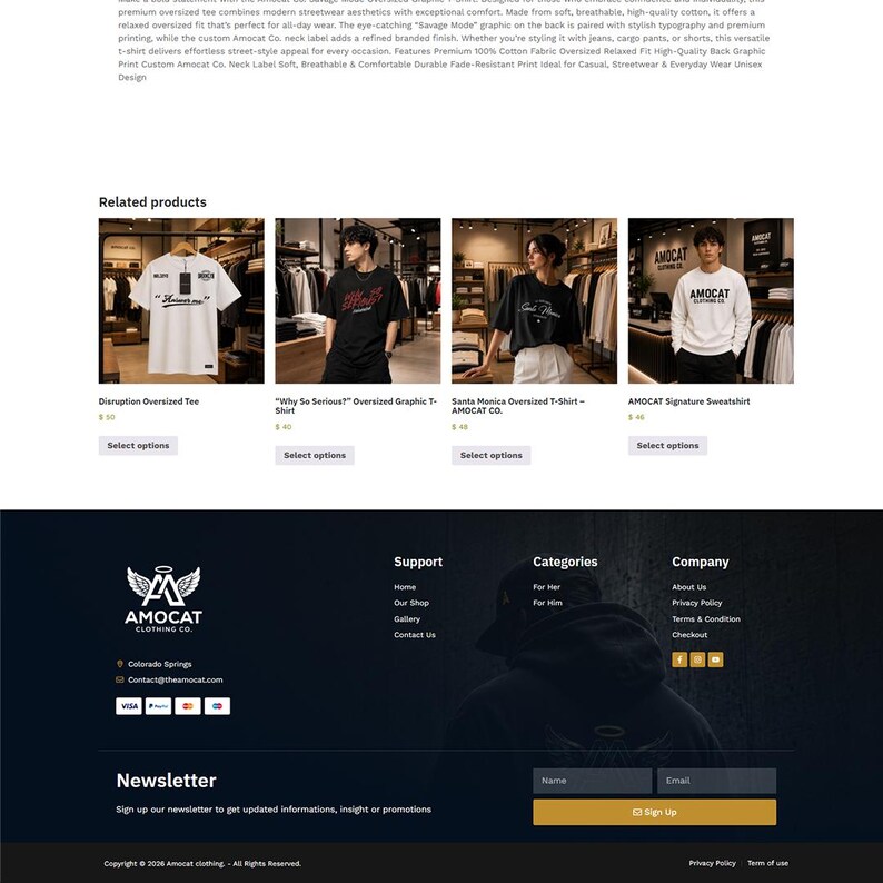 May include: A webpage display featuring four clothing items: a white t-shirt with black text, a black t-shirt with red text, a black t-shirt with white text, and a white long-sleeve sweatshirt with black text, all branded with AMOCAT CLOTHING CO.