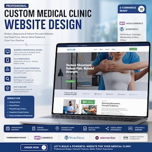 May include: A laptop displaying a professional medical clinic website design featuring the text MOTUS, Restore Movement, Relieve Pain, Rebuild Strength, and various service icons. The layout includes sections for appointment booking, SEO, and e-commerce.