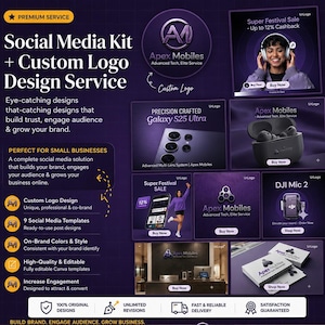 May include: A social media kit and custom logo design service advertisement featuring purple branding. It displays various digital templates, including product shots of headphones, earbuds, a smartphone, and business cards with the Apex Mobiles logo.