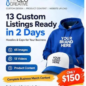 May include: A blue hoodie with the text YOUR BRAND HERE and a white and blue trucker cap with the text YOUR LOGO HERE. The graphic includes the text 13 Custom Listings Ready in 2 Days, 65 Images, 13 Videos, Product Content, and the CEO Creative logo.