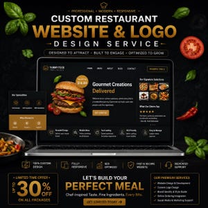 May include: A digital advertisement for a custom restaurant website and logo design service featuring a laptop displaying a dark-themed food website with a burger image, text overlays, and promotional offers including a 30% discount on all packages.