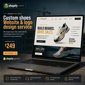 May include: A laptop displaying a website for a custom shoe design service. The screen features the text 'BUILD BRANDS. DRIVE SALES.' and 'DESIGN. DEVELOP. GROW.' alongside images of athletic trainers. The interface includes navigation menus and buttons.
