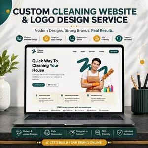 May include: A laptop screen displaying a custom cleaning website design service. The interface features the text ZClean Solutions, Quick Way To Cleaning Your House, and a person in an apron holding a duster. The layout includes navigation menus, service icons, and a Get A Quote button.
