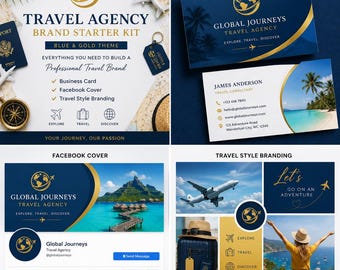 Anpassat varumärkespaket för resebyråer, logotypdesign i blått och guld, visitkort
