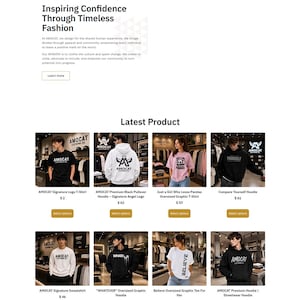 May include: A webpage display featuring eight clothing items including t-shirts, hoodies, and sweatshirts from AMOCAT Clothing Co. Each product card shows a person wearing the garment, the product name, and a button labeled Select options.